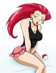  blue_eyes blush breasts cleavage cosplay earrings female gradient gradient_background hikari_(pokemon)_(cosplay) jewelry legs mcree114 musashi_(pokemon) no_bangs open_mouth poke_ball pokeball pokemon red_hair sitting solo white_background 