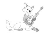  2018 4_(fingers) beastbehavior bottomless canid canid_taur canine canine_taur cheek_tuft claws clothed clothing crossed_arms darma eyebrows female fluffy fluffy_tail fox fox_taur gloves_(marking) guitar hoodie looking_at_viewer lying mammal markings monochrome musical_instrument partially_clothed rock_dog signature simple_background smile socks_(marking) solo taur taurification tuft white_background 
