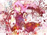  abstract double_bun dress female flower ibara_kasen ibaraki_kasen pink_hair red_eyes ribbon rose short_hair shorthair touhou wild_and_horned_hermit 