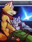  anthro canid canine canis clothed clothing eye_patch eyewear fox fox_mccloud fur green_eyes grey_fur male male/male mammal musk neckerchief nintendo sniffing space star_fox tan_fur topless ventkazemaru video_games whiskers wolf wolf_o&#039;donnell 