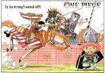  2005 2boys antlers armor bandage black_hair border chainmail copyright_name cover cover_page engrish fuzzy_hat grass green_hair grin hand_on_hip hat helmet hips horse jolly_roger knight lance male male_focus monkey_d_luffy multiple_boys oda_eiichiro oda_eiichirou official_art one_piece outdoors pirate polearm ranguage reindeer riding roronoa_zoro running saddle shield smile spotted standing straw_hat text tony_tony_chopper weapon 