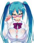  100_percent_(vocaloid) adjusting_glasses aqua_eyes aqua_nails blouse bra breasts bursting_breasts glasses hatsune_miku highres hisashi hisashi_(nekoman) huge huge_breasts lingerie lipstick makeup nail_polish see-through twintails underwear vocaloid white_blouse yamaha 