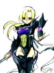  1girl armor blonde_hair blue_eyes cain_highwind female final_fantasy final_fantasy_iv genderswap long_hair polearm ponytail simple_background solo spear thighhighs weapon white_background youshi525 