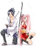  artist_request couple haruno_sakura lowres naruto pink_hair staff sword uchiha_sasuke weapon 