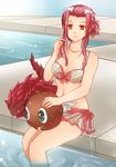  bikini black_rose_dragon brown_eyes izayoi_aki kuriboh legs midriff pool poolside red_hair swimsuit yu-gi-oh! yugioh_5d&#039;s yuu-gi-ou_5d's 
