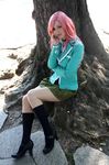  1girl airbrushed akashiya_moka akashiya_moka_(cosplay) black_legwear cosplay footwear highres kneehighs mary_janes non-asian photo pink_hair real rosario+vampire shoes sitting skirt socks tree tree_scrotum 