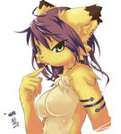  animal_ears armband artist_request breasts ears finger fingers fur furry green_eyes neko nipples original purple_hair small_breasts tongue yellow_fur 