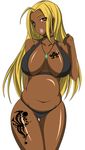  bikini blonde_hair breasts cleavage curvy dark_skin ganguro highres hips huge_breasts idolmaster long_hair love_handles makeup miura_azusa muffin_top plump red_eyes simple_background smile swimsuit tattoo wide_hips yellow_hair 