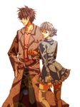  1boy 1girl alice_elliot belt blue_eyes brown_hair couple dress female hair_bun hands_on_hips jewelry looking_back male necklace shadow_hearts short_hair silver_hair thighhighs trench_coat trenchcoat vertrauen yuri_hyuga 