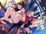  2girls ass black_hair blonde_hair cage cloak earrings ereshkigal_(fate/grand_order) fate/grand_order fate_(series) flower gem heavenly_boat_maanna ishtar_(fate/grand_order) jewelry migi12hidari8 multiple_girls red_eyes siblings single_thighhigh sisters skull_necklace thighhighs tiara two_side_up 