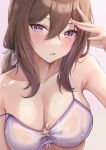  1girl admire_vega_(umamusume) blush breasts brown_hair cleavage collarbone commentary commentary_request hair_between_eyes highres horse_girl long_hair looking_at_viewer medium_breasts open_mouth ponytail portrait purple_eyes solo umamusume white_background yonemochi_yume 