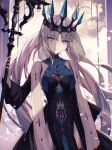  1girl bangs black_choker blue_eyes blue_ribbon breasts choker cloud cloudy_sky crown fate/grand_order fate_(series) grey_hair hair_between_eyes highres holding holding_staff lace lace_trim long_hair long_sleeves looking_at_viewer medium_breasts morgan_le_fay_(fate) open_mouth ornament rhombus ribbon simple_background sky smile solo spikes staff tamitami teeth veil white_ribbon 