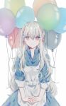  1girl :| apron balloon bangs blue_dress blurry closed_mouth collared_dress dress expressionless hair_between_eyes hair_over_shoulder hair_ribbon hairband highres kagerou_project kozakura_marry long_hair looking_at_viewer mekakucity_actors muuta04 open_collar own_hands_together pink_eyes pink_hairband pink_ribbon ribbon simple_background sleeves_past_wrists solo straight-on upper_body wavy_hair white_apron white_background white_hair 