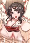  1boy 1girl black_hair blush breasts censored erere hair_ornament hairclip hetero idolmaster idolmaster_shiny_colors japanese_clothes kazano_hiori long_hair mole mole_under_mouth mosaic_censoring nipples open_mouth penis pov purple_eyes pussy sweat tears thighhighs vaginal white_thighhighs 