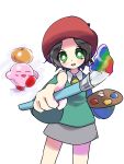  1girl 1other adeleine closed_eyes green_eyes green_shirt hat highres holding holding_paintbrush holding_palette kirby kirby_(series) kirby_64 looking_at_viewer open_mouth paintbrush palette_(object) red_headwear shin16 shirt short_hair simple_background white_background 