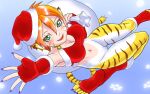  1girl animal_ears breasts breath_of_fire breath_of_fire_ii cat_ears cat_tail christmas cleavage facial_mark full_body furry furry_female gloves green_eyes gurata looking_at_viewer open_mouth orange_hair pointy_ears rinpoo_chuan short_hair smile snowflakes solo tail 