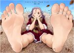  1girl absurdres apple autumn_leaves barefoot brown_eyes english_text feet food foot_focus forehead fruit grapes greek_toe highres kiwi_(fruit) lisa_(princess_maker) princess_maker_(series) princess_maker_3 purple_hair rg_(gumin) sitting soles solo toes 