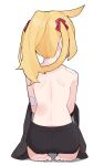  1girl ahoge back bandaid bandaid_on_arm bare_shoulders barefoot blonde_hair from_behind highres kamo_(kamonabe_44) long_hair original ponytail seiza shoulder_blades simple_background sitting solo toes two_side_up white_background 