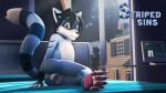  16:9 anthro balls bed bedroom black_hair blue_body blue_fur cute_expression felix_(striped_sins) fur furniture genitals hair male mammal pawpads paws pinup pose presenting_balls procyonid raccoon solo striped_sins widescreen willitfit window yellow_eyes 