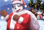  2022 anthro blush canid canine canis christmas christmas_clothing christmas_headwear clothing costume domestic_dog harima hat headgear headwear hi_res holidays humanoid_hands inugamihito kemono male mammal outside overweight overweight_male santa_claus santa_costume santa_hat snow snowing snowman solo tamacolle 