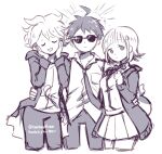  1girl 2boys :d ahoge alternate_hair_ornament arm_around_waist backpack bag bangs blunt_bangs breast_pocket breasts collared_shirt cowboy_shot cropped_legs danganronpa_(series) danganronpa_2:_goodbye_despair hand_up highres hinata_hajime hood hood_down hooded_jacket jacket khee komaeda_nagito long_sleeves medium_breasts messy_hair miniskirt multiple_boys nanami_chiaki neck_ribbon necktie open_clothes open_jacket pants pleated_skirt pocket print_shirt ribbon serious shirt shirt_tucked_in sketch skirt smile sparkle sunglasses triangle_hair_ornament two-tone_shirt white_background 