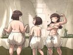  3girls abs ahoge back bed bedroom bloomers braid covering covering_breasts flexing long_hair multiple_girls original sparkle standing stone_wall toned topless twin_braids underwear vanishlily wall 