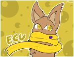  absurd_res anonymous_artist anthro ecu_(character) flying_squirrel fur half-length_portrait hi_res hidden_mouth looking_away male mammal mostly_nude portrait rodent scarf scarf_only sciurid simple_background solo star_in_pupils starry_eyes tan_body tan_fur text yellow_background yellow_eyes yellow_scarf 