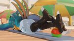 3d_(artwork) absurd_res anthro avian ball beach beach_ball bedding big_butt bird_feet black_feet black_penis blanket blue_body blue_feathers breath_of_the_wild butt digital_media_(artwork) feathers genitals hi_res hornychirps inflatable kass_(tloz) looking_at_viewer looking_back male muscular muscular_male nintendo nude penis rito seaside solo sunny tail_feathers the_legend_of_zelda thick_thighs umbrella video_games white_body white_feathers winged_arms wings yellow_body yellow_feathers 
