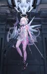  1girl absurdres blue_eyes blush breasts bulaimeituya floating gun halo high_heels highres holding holding_gun holding_weapon levitation looking_at_viewer mechanical_wings medium_hair one_side_up original see-through smile solo weapon white_hair wings 