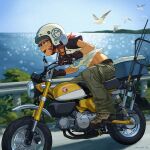 1girl blurry blurry_background cargo_pants day english_commentary fang film_grain from_side green_eyes ground_vehicle helmet long_hair motor_vehicle motorcycle ocean original outdoors pants red_hair riding shirt short_sleeves solo t-shirt tim_yan 