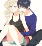  1boy 1girl behind_another black_pants blue_eyes blue_hair breasts cheeseko cleavage clothes_around_waist couple grabbing grabbing_from_behind hug hug_from_behind jacket jacket_around_waist kitagawa_yuusuke light_blush long_sleeves pants persona persona_5 shorts simple_background sleeveless sweat takamaki_anne white_background 