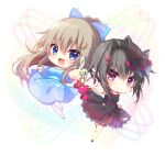  2girls 9_-nine-_kokonotsu_kokonoka_kokonoiro :d amatsuji bangs bare_shoulders black_bow black_dress black_hair blue_bow blue_dress blue_eyes blush bow breasts brown_hair butterfly_hair_ornament chibi cleavage closed_mouth crescent crescent_hair_ornament dress eyebrows_hidden_by_hair eyelashes frilled_bow frilled_dress frills hair_between_eyes hair_bow hair_intakes hair_ornament highres holding holding_clothes holding_skirt kujou_miyako large_breasts long_hair long_sleeves multiple_girls music musical_note musical_note_background open_mouth outstretched_arm pleated_dress ponytail red_bow red_eyes short_hair_with_long_locks sidelocks skirt sleeveless sleeveless_dress small_breasts smile snow_print sparkle spiked_hair star_(symbol) star_hair_ornament thighhighs thighlet very_long_hair wavy_hair white_background white_thighhighs wide_sleeves yuuki_noa 