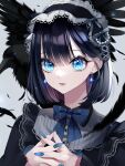  1girl bangs bird black_feathers black_hair blue_eyes blue_nails bow bowtie crow earrings english_commentary feathers film_grain fingernails frilled_shirt frills grey_background hairband highres jewelry long_sleeves looking_at_viewer medium_hair original shirt upper_body wakatsuki_you 