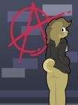  anarchy_symbol anthro bottomless canid canine canis clothed clothing domestic_dog female graffiti hi_res hoodie hoodie_only looking_back mammal solo topwear topwear_only totally_not_snowedfox 