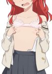  1girl bocchi_the_rock! bra bra_lift breasts breasts_out head_out_of_frame highres jacket kita_ikuyo long_hair morisobo nipples open_clothes open_mouth open_shirt red_hair school_uniform shirt simple_background skirt small_breasts solo underwear white_background white_bra white_shirt 