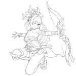  1girl bandaged_leg bandages bow_(weapon) chest_tattoo cosmic_bear genshin_impact geta greyscale hadanugi_dousa hair_ornament holding holding_bow_(weapon) holding_weapon lineart looking_afar monochrome one_eye_closed one_knee outstretched_arms sarashi smile solo tattoo updo weapon yoimiya_(genshin_impact) 