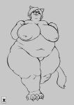  1lostsatellite anthro belly big_breasts breasts chubby_female claws domestic_cat felid feline felis female genitals hi_res kandi mammal monochrome nipples overweight pussy solo thick_thighs toe_claws 