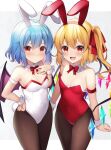  2girls :d animal_ears bat_wings black_pantyhose blonde_hair blue_hair breasts cleavage closed_mouth commentary_request covered_navel cowboy_shot crystal flandre_scarlet groin highres leotard looking_at_viewer multiple_girls one_side_up open_mouth pantyhose playboy_bunny rabbit_ears red_eyes red_leotard remilia_scarlet ruhika siblings simple_background sisters small_breasts smile standing touhou upper_body v-shaped_eyebrows white_background white_leotard wings wrist_cuffs 