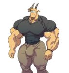  anthro biceps big_biceps big_bulge big_muscles big_pecs bovid bracelet broad_shoulders brown_body brown_fur brown_hair bulge caprine clothed clothing ear_piercing facial_hair fur goat goatee hair hi_res horn huge_muscles jewelry looking_at_viewer male mammal muscular muscular_anthro muscular_male pecs piercing remert shirt smile solo thick_thighs tight_clothing topwear 