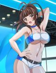  1girl :o armpits bangs bare_arms belt black_belt blue_bandeau blue_choker blue_shorts blunt_bangs blush breasts brown_eyes brown_hair choker cleavage collarbone contrapposto cowboy_shot floating_hair hand_on_hip high_ponytail ikkitousen large_breasts long_hair micro_shorts midriff navel open_clothes open_mouth open_shorts race_queen shiny shiny_hair shiny_skin shorts solo standing stomach two-tone_bandeau two-tone_shorts underboob white_bandeau white_shorts yagyu_mitsuyoshi 