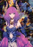  1girl aura_(sousou_no_frieren) batchgooya braid breasts choker cleavage clothing_cutout demon_girl demon_horns dress elbow_gloves gloves highres holding_scale horns jewelry navel navel_cutout purple_eyes purple_hair scales smile solo sousou_no_frieren 
