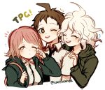  1girl 2boys :d ahoge artist_name backpack bag bangs black_necktie black_shirt blush breasts brown_eyes brown_hair closed_eyes collared_shirt cropped_torso danganronpa_(series) danganronpa_2:_goodbye_despair dress_shirt frown green_jacket hair_ornament hinata_hajime hood hooded_jacket jacket khee komaeda_nagito large_breasts long_sleeves medium_hair messy_hair multiple_boys nanami_chiaki neck_ribbon necktie notice_lines one_eye_closed open_clothes open_jacket pink_eyes pink_ribbon ribbon shirt short_hair simple_background sleepy smile teeth upper_teeth_only white_background white_shirt 