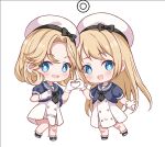  2girls bangs black_jacket black_neckerchief blonde_hair blue_eyes chibi commentary_request dress gloves grey_sailor_collar hat holding_hands jacket janus_(kancolle) jervis_(kancolle) kantai_collection mary_janes mashiro_aa multiple_girls neckerchief parted_bangs sailor_collar sailor_dress sailor_hat second-party_source shoes short_hair white_dress white_gloves white_headwear 