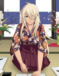  1girl brown_eyes calligraphy_brush closed_mouth collarbone floral_print flower hair_over_one_eye hakama ikkitousen japanese_clothes kimono kneeling long_hair looking_at_viewer musashibou_benkei_(ikkitousen) paintbrush pink_flower print_kimono purple_hakama purple_kimono shiny shiny_hair shiny_skin sitting smile solo straight_hair very_long_hair white_flower white_hair 