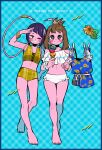  3girls anna_(aannnaa3) audio_jack bangs bare_shoulders barefoot bikini blue_background blue_border blush boku_no_hero_academia border bracelet brown_eyes brown_hair closed_mouth clothing_cutout commentary_request diagonal_bangs double_v floral_print flower food full_body grey_eyes hagakure_tooru hand_up highres holding holding_food holding_ice_cream ice_cream ice_cream_cone jewelry jirou_kyouka looking_at_viewer multiple_girls navel one_eye_closed patterned_background ponytail purple_hair romaji_text short_hair shoulder_cutout simple_background smile standing sunflower sunflower_print swimsuit uraraka_ochako v white_bikini yellow_bikini 