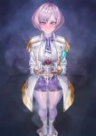  1girl absurdres blue_eyes coat commission gloves grey_hair gridman_universe hand_on_hip highres kilye_kairi looking_at_viewer mujina necktie open_clothes open_coat purple_necktie purple_shorts shirt short_hair short_shorts shorts skeb_commission solo ssss.dynazenon white_coat white_gloves white_shirt 