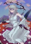  clothed clothing dress eyewear fairy female fungus glasses gloves hair handwear hi_res humanoid humanoid_pointy_ears iarterlyx long_hair lying mountain mushroom on_side sky solo white_hair 