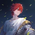  1boy amagi_rinne bangs blue_eyes chain_necklace ensemble_stars! eyokiki grin hair_between_eyes jacket jewelry looking_away male_focus necklace open_clothes open_jacket open_mouth red_hair short_hair smile wind 