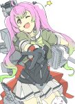  1girl adapted_turret ahoge black_gloves bow bowtie cannon corset fang garter_straps gloves gradient_hair green_bow green_bowtie green_hair grey_sailor_collar grey_skirt highres kantai_collection long_hair looking_at_viewer machinery momo_(kancolle) multicolored_hair ninimo_nimo one_eye_closed pink_hair pleated_skirt red_eyes sailor_collar sailor_shirt school_uniform serafuku shirt skirt smokestack solo sparkle_print thighhighs torpedo_launcher turret twintails v white_thighhighs zipper 