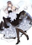  1girl absurdres apron azur_lane black_dress black_footwear black_pantyhose breasts center_opening charybdis_(azur_lane) dress framed_breasts frilled_apron frilled_dress frills from_below from_side full_body gloves grey_eyes grey_hair high_heels highres lace-trimmed_hairband lace_trim large_breasts layered_dress long_hair maid_headdress oshida_bob pantyhose see-through shoes simple_background sleeveless sleeveless_dress solo two-tone_dress white_apron white_background white_dress white_gloves 
